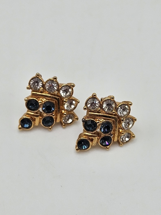 Avon Jewelry - VINTAGE Avon Majestic Gold Tone Blue and Clear Rhinestone Cluster Earrings